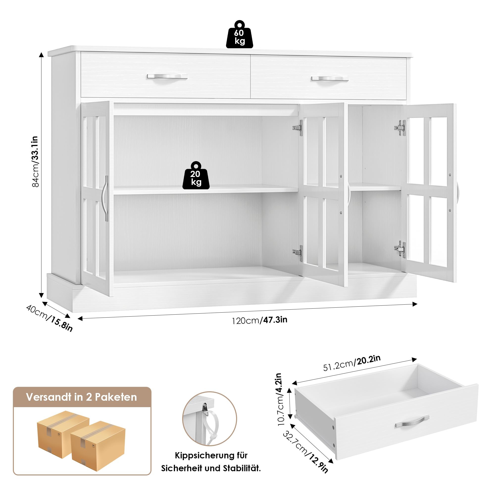 FirFurd Küchenschrank, Sideboard mit 3 Glastüren & Schubladen Buffetschrank