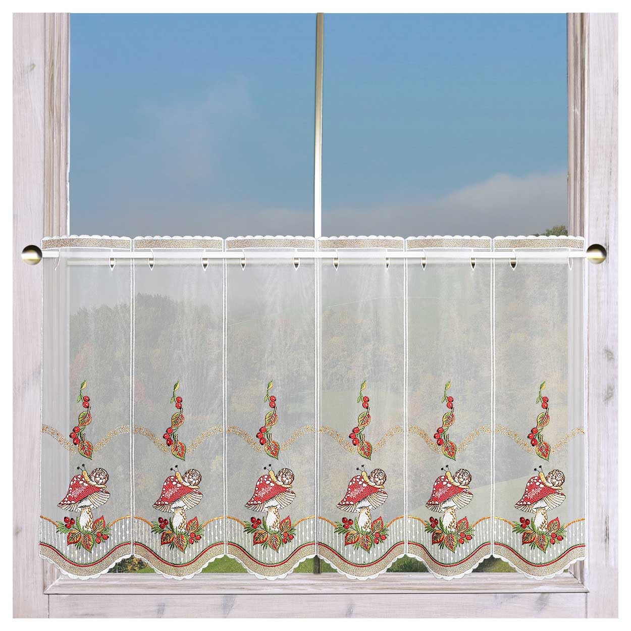 Bestickte Scheibengardine Herbstzeit Vogtländische Spitze | Kurzgardine Panneax mit Fliegenpilzen und Buntem Herbstlaub | Kurzgardine als Herbstdekoration im Landhaus-Stil Höhe x Breite 55 x 112 cm