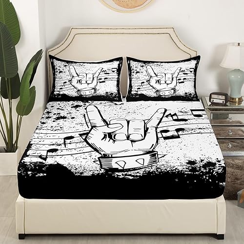 Miniatura 2 de Erosebridal Juego de sábanas de tamaño individual con temática musical, con estampado de notas musicales, juego de cama ajustable en blanco y negro,