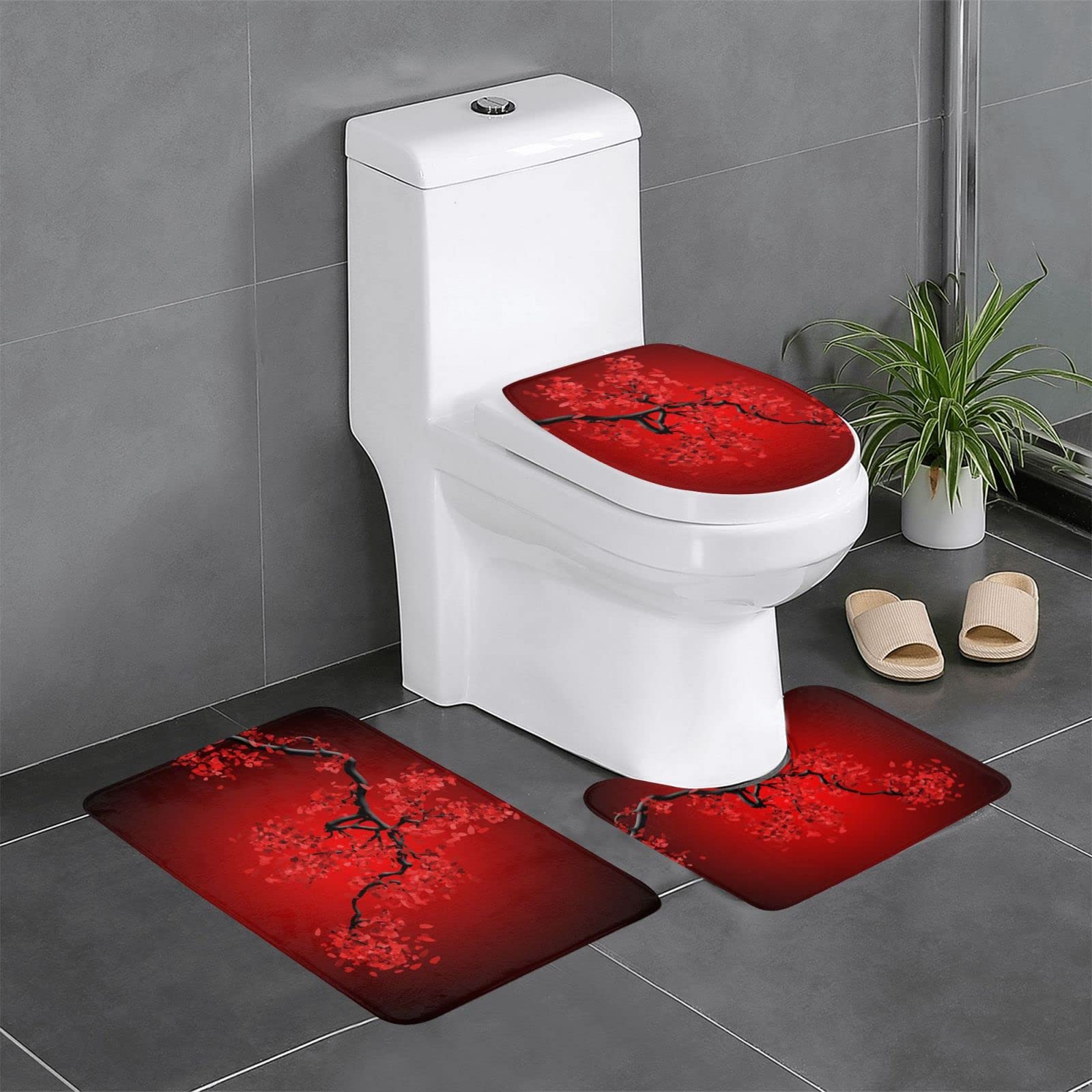 Tapis de salle de bain fleurs de cerisier anti-glisse et set WC