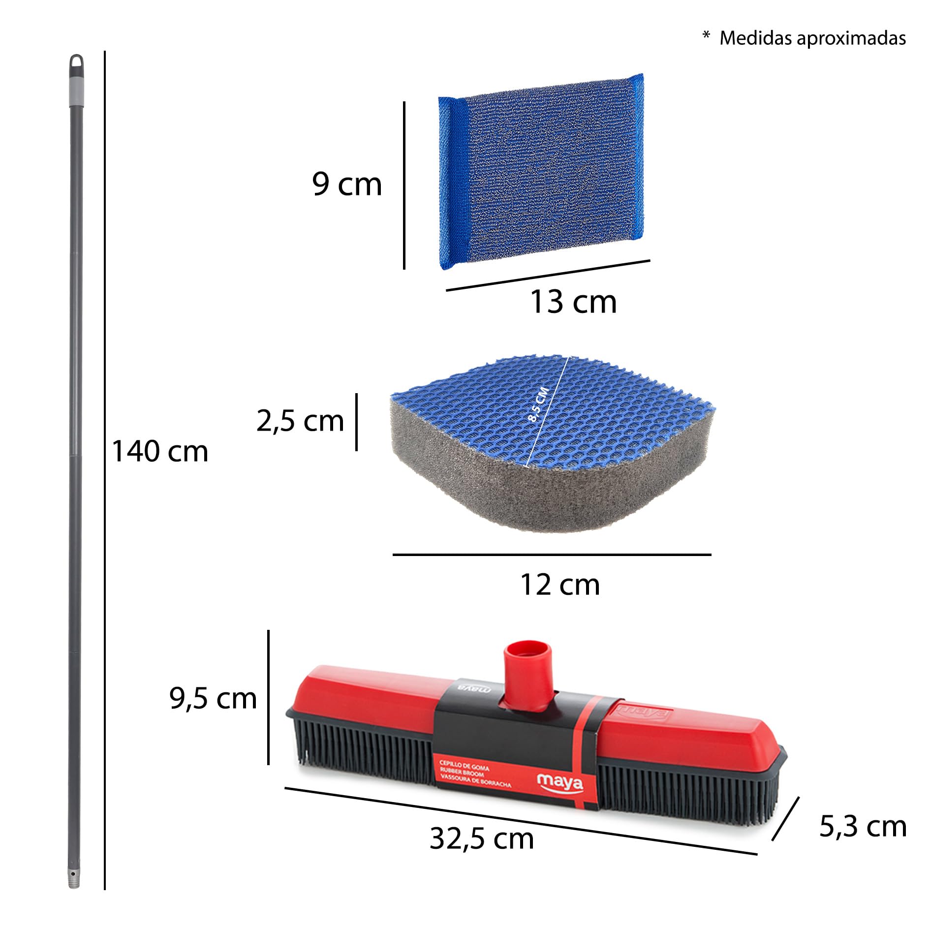 Maya - Kit de Limpieza del Hogar 11 en 1 | Escoba de Goma, Cubo con Escurridor 10L, Palos Desmontables con 4 Secciones, Fregonas MAX Pro, Estropajos de Cocina y Bayetas de Microfibra y CHEFPRO