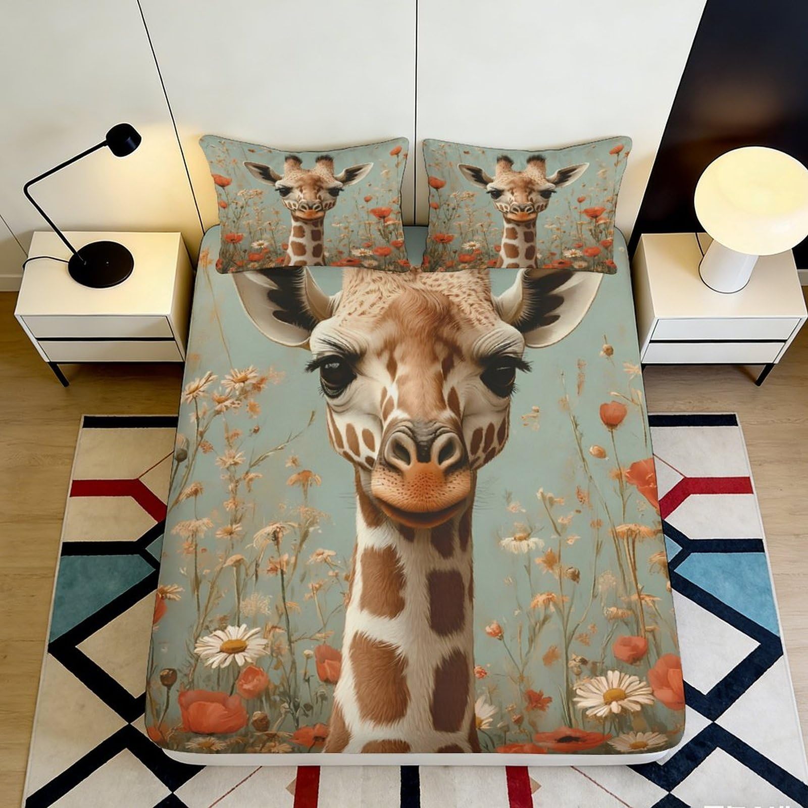 3D Printed Giraffe Fitted Sheet Microfiber protects mattress, anti-slip, machine washable Floral Mattress Cover bedroom 90x200x25cm