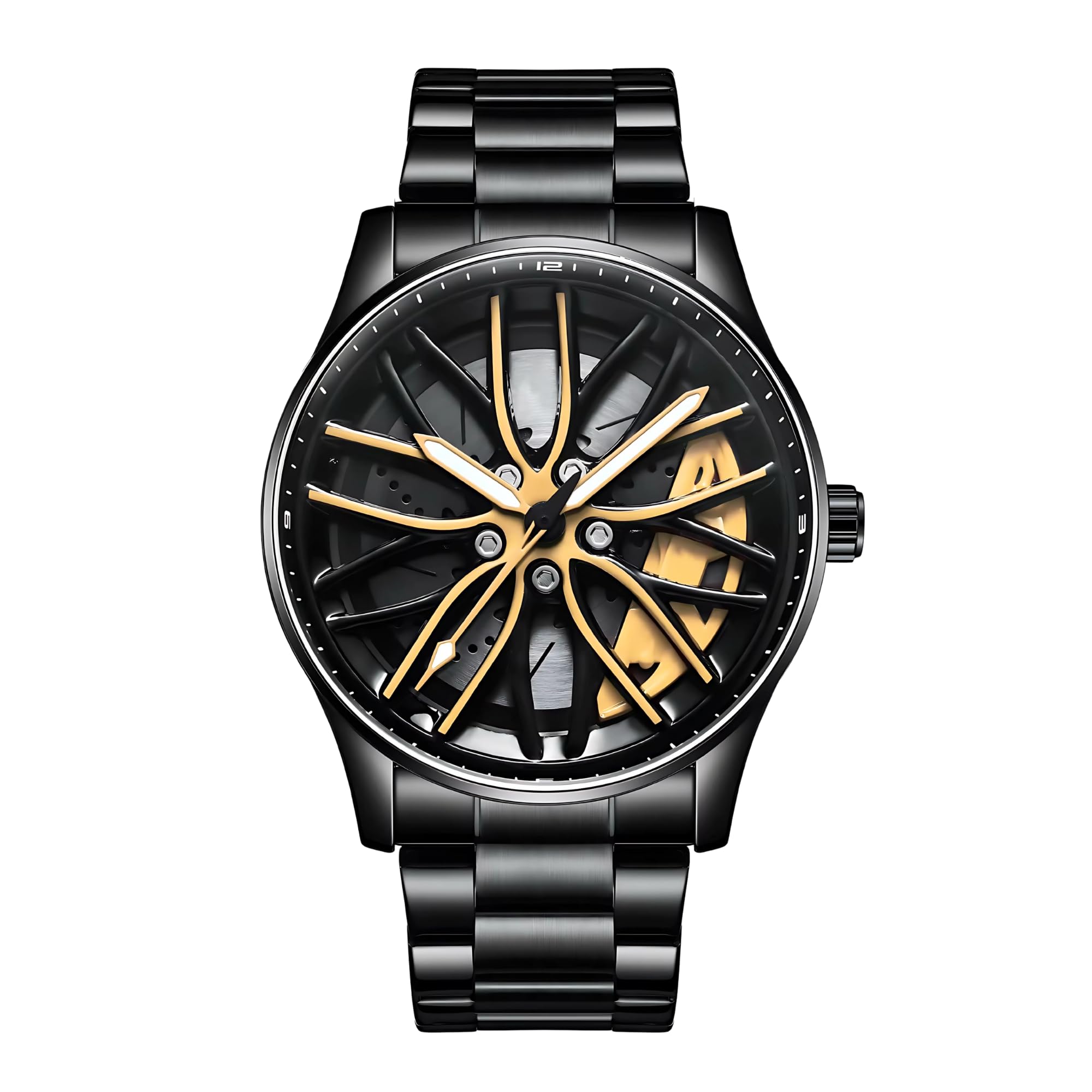 Car Alloy Wheel Watch For Men, Gyro Wheel Rolling Watch For Men Black Steel Chain And Gold Dial, 30M Waterproof Round Metal Rim Rotating Watches, Analog Quartz RS7 Spinning Car Watches For Boys-image-40