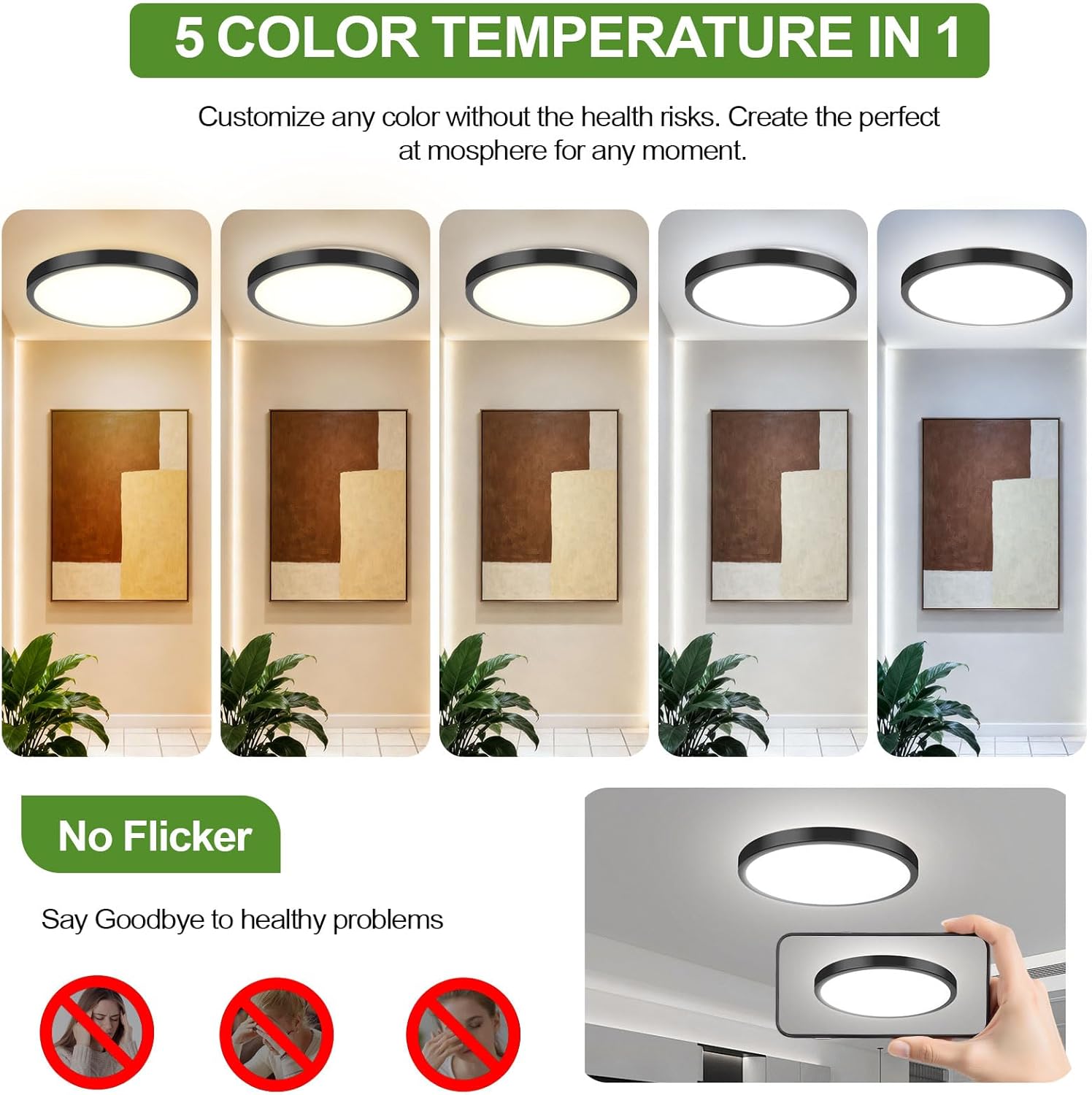 2-Pack 36W Dimmable LED Ceiling Lights Black, 13 inch Flush Mount Light Fixtures 3600LM 2700K/3000K/4000K/5000K/6500K Color Changing Ceiling Lights, Modern Lighting for Kitchen Living Room Bedroom