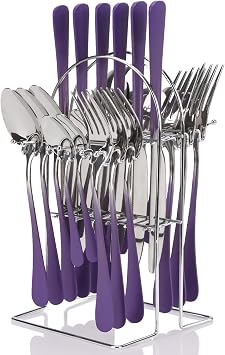 24 Pieces Flatware Set, Stainless Steel Cutlery Set with Silverware Holder, Modern Eating Tableware Set Includes Dinner Knives Forks Spoons,Hanging Silverware Set Service for 6 Purple