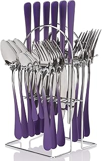 24 Pieces Flatware Set, Stainless Steel Cutlery Set with Silverware Holder, Modern Eating Tableware Set Includes Dinner Knives Forks Spoons,Hanging Silverware Set Service for 6 (Purple)