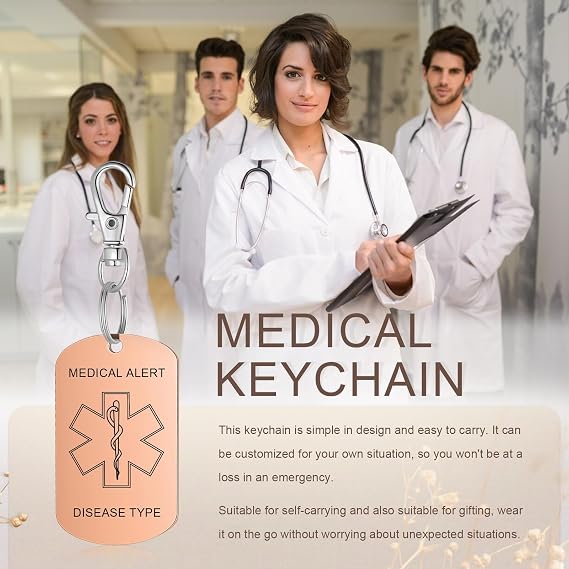 Personalized Medical ID Keychain, Custom Medical Alert Tag, DoubleSided ICE Emergency Contact for Men Women Seniors