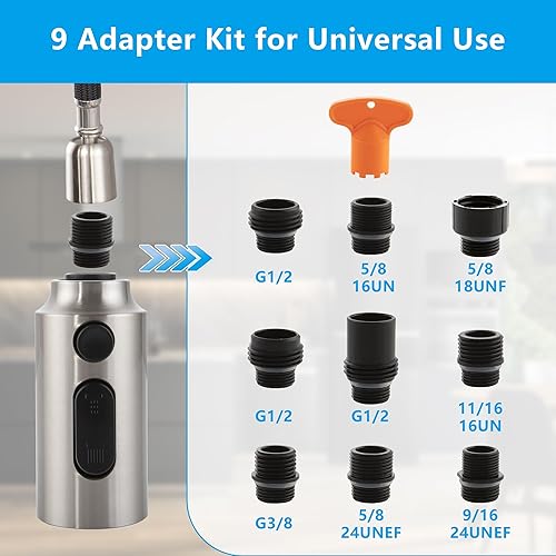 Miniatura 2 de DOLGABA Cabezal de rociador de repuesto para grifo de cocina, 3 modos, cabezal rociador extraíble con 9 adaptadores, níquel cepillado