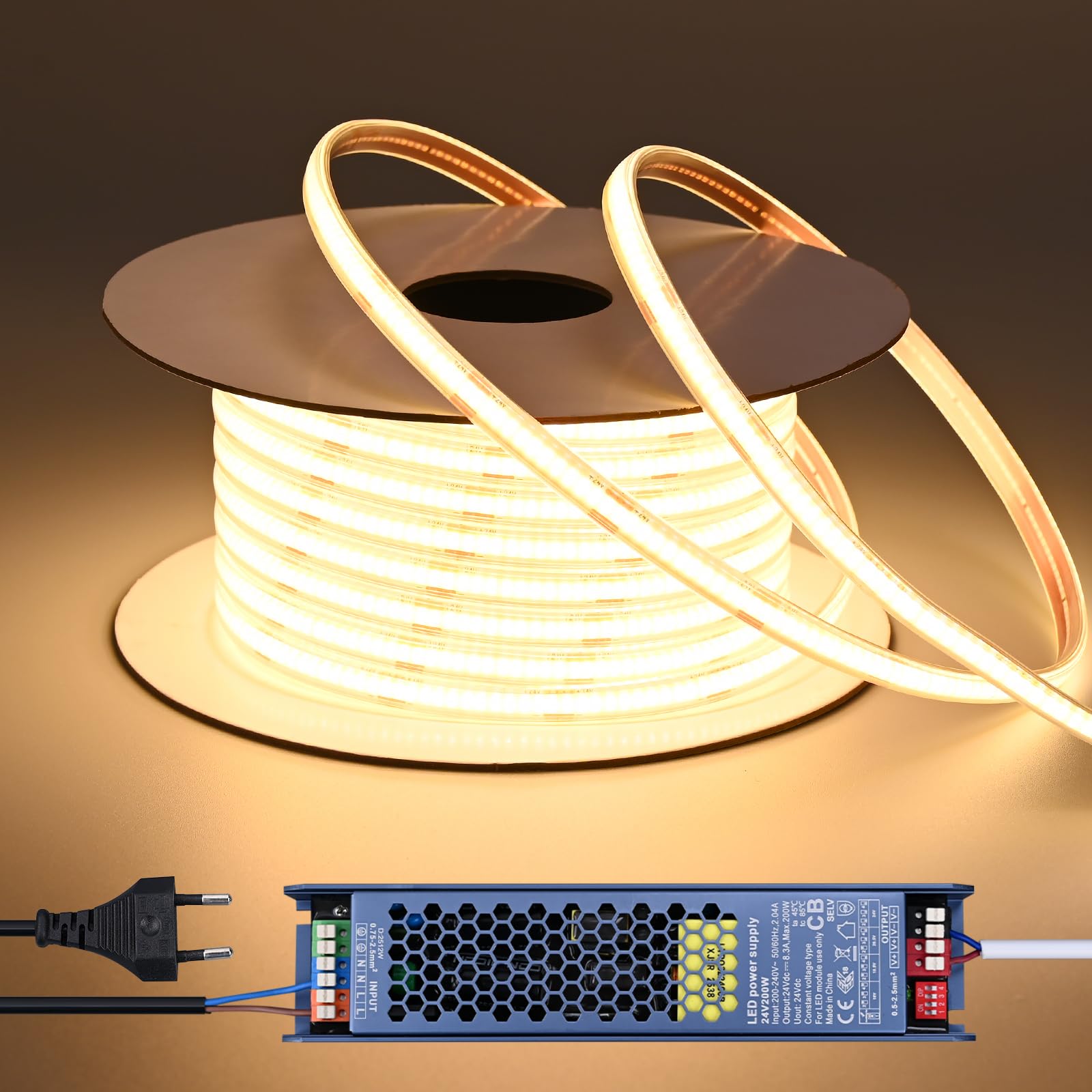 BENLUN Tira LED COB 24V Exterior Impermeable 20 Metros con Transformador | 3000K Blanco Cálido Luces de LED IP67 7W/M CRI 93 Flexible para Habitacion Techo, Iluminación Decorativa, Patio, Jardín