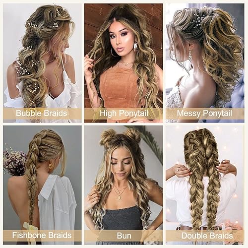 Miniatura 6 de Extensión de cabello para mujer, con clips, 4 unidades, largo, marrón, rubio, ondulado, pelo sintético de 20 pulgadas de grosor para mujeres y niñas
