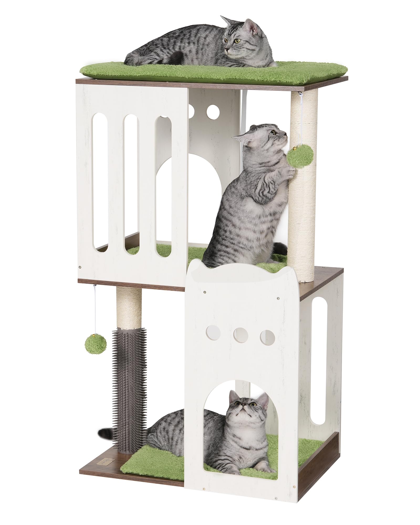 FourFurPets 43.7in 3-Tier Modern Cat Tree Tower Condo, Cat Scratch Posts for Indoor Cats, Big Plate, Two 19.7in Full Sisal Scratching Posts, White
