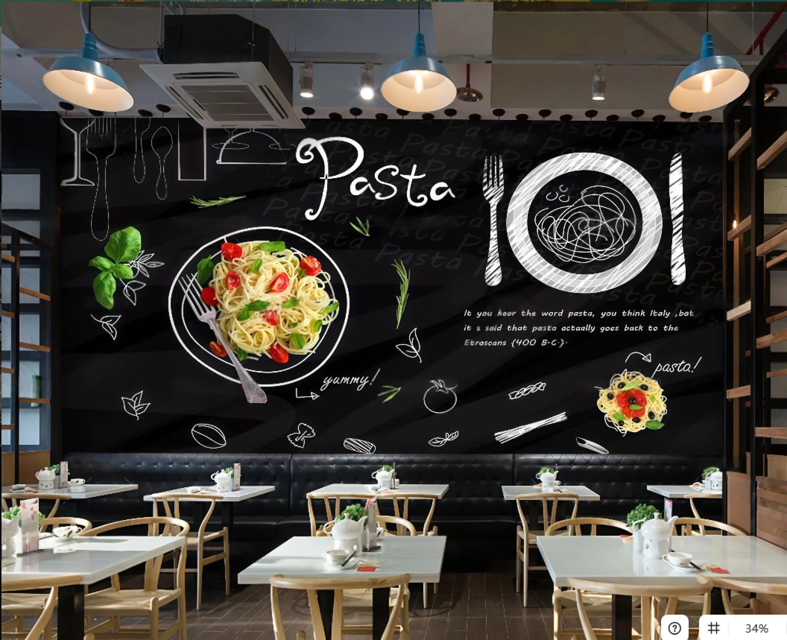 XDOUBAO Wallpaper Fashion Black Hand Painted Delicious Steakhouse Dessert Snacks Afternoon Tea Western Restaurant Background Wallpaper Coffee Shop Mural,3D,200x140cm