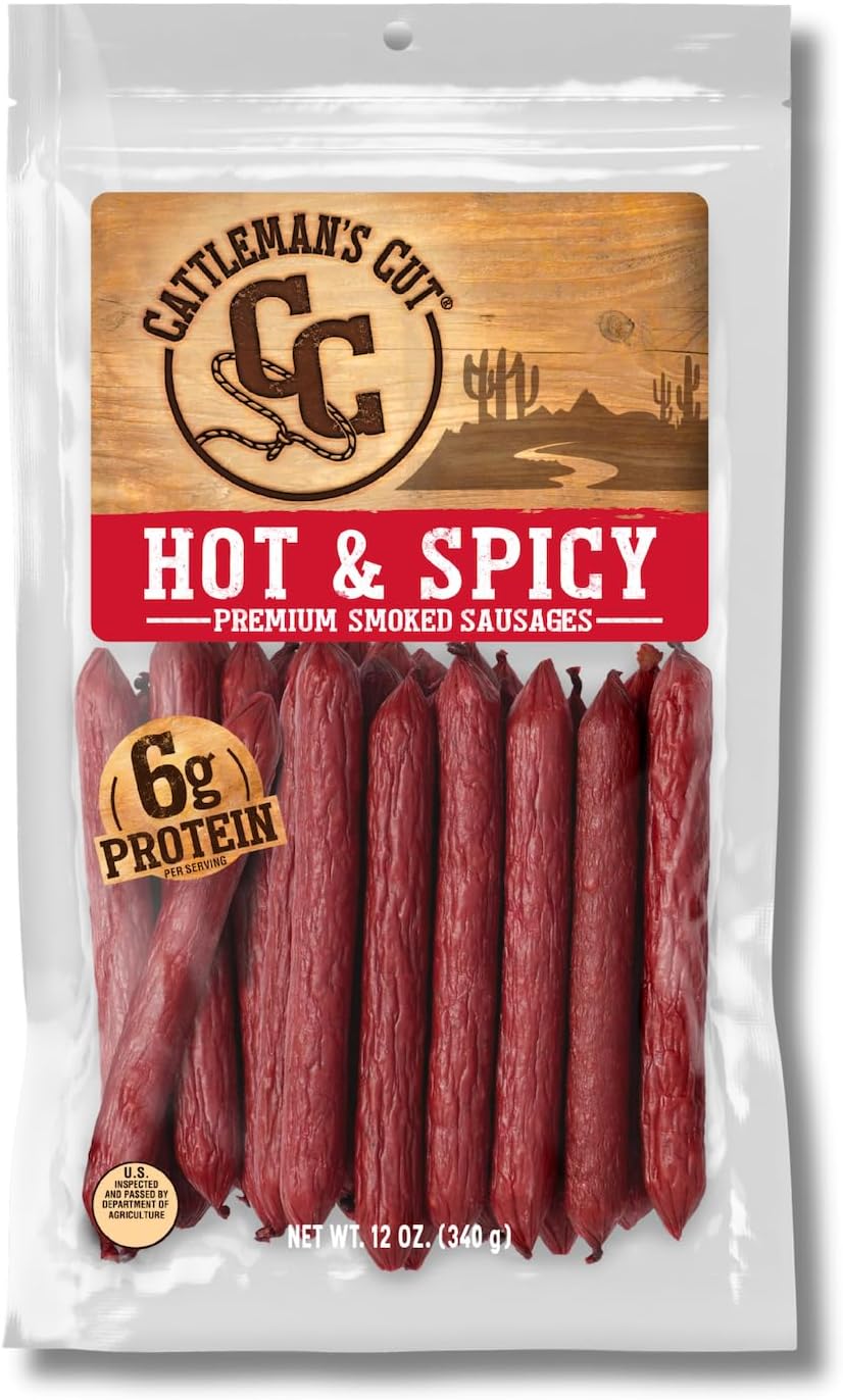Hot & Spicy Smoked Sausage Meat Sticks, Premium Protein Snacks, Keto Friendly, Gluten Free, Carnivore Travel Snack, Resealable Bag, 12 Ounce