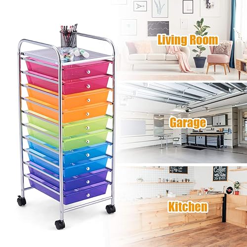 Miniatura 7 de Julimoon Carrito utilitario de 10 niveles con ruedas con cerradura, carrito móvil con 10 cajones, organizador de almacenamiento multiusos para