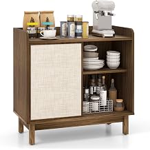 LOKO Rattan Buffet Cabinet, Mid Century Floor Storage Cabinet with Sliding Door & Adjustable Shelves, Kitchen Sideboard Cupboard for Living Room, Entryway, Walnut 1