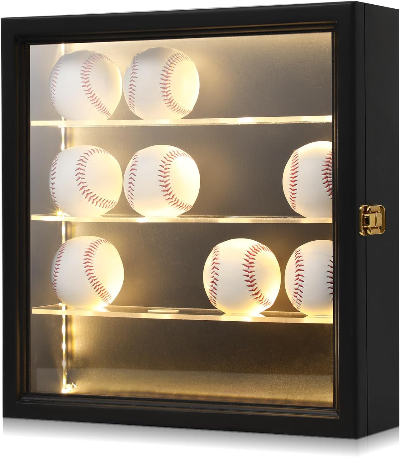 16 Baseball Display Case with LED Light Acrylic Baseball Holder for Balls UV Protection Wall Mount Baseball Box with Lock Autographed Cabinet Rack for Collector Autographed Baseball