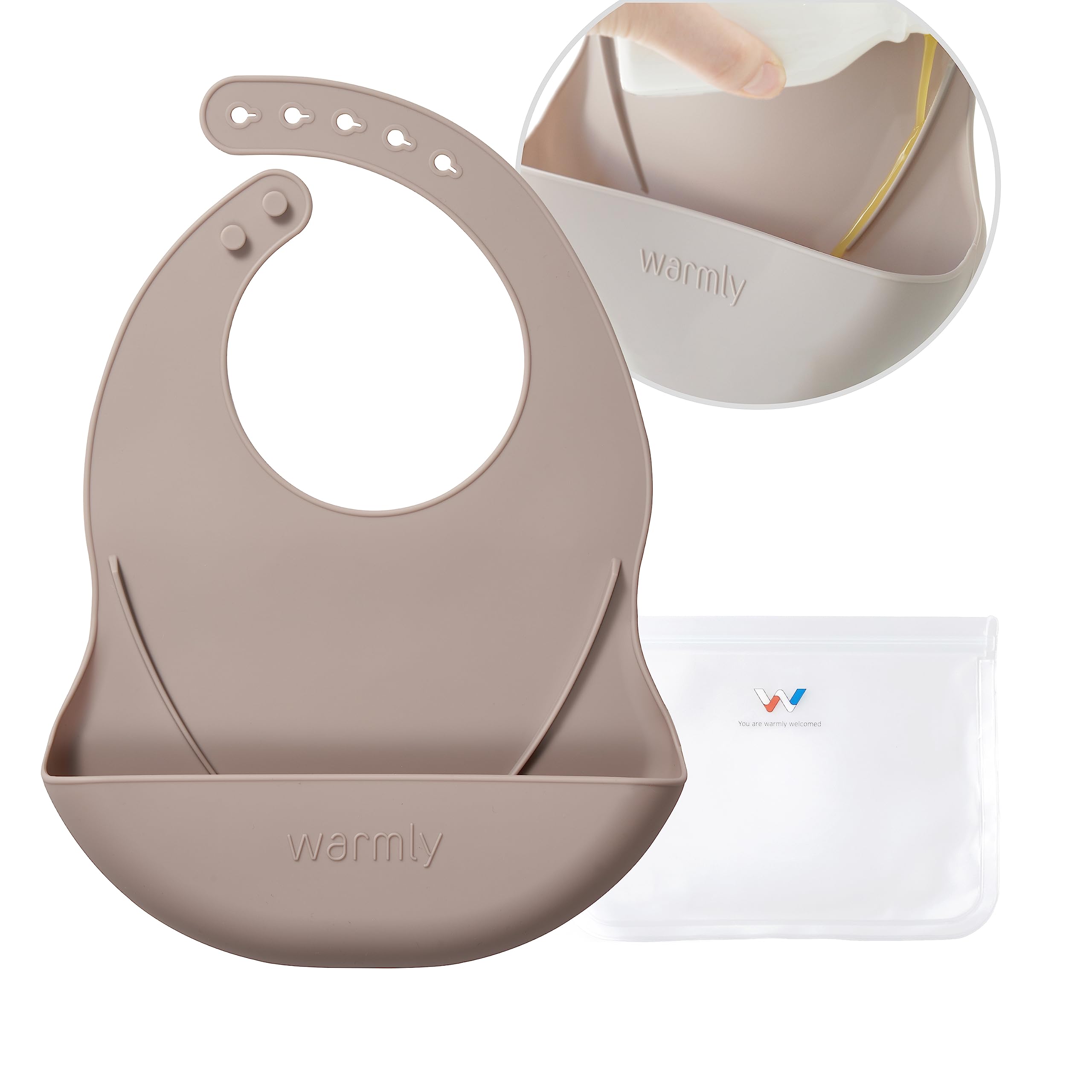 Silicone Baby Bib in Zip Pouch, Platinum Silicone, Made in Korea, Liquid Barrier System, Adjustable, CPC Approved