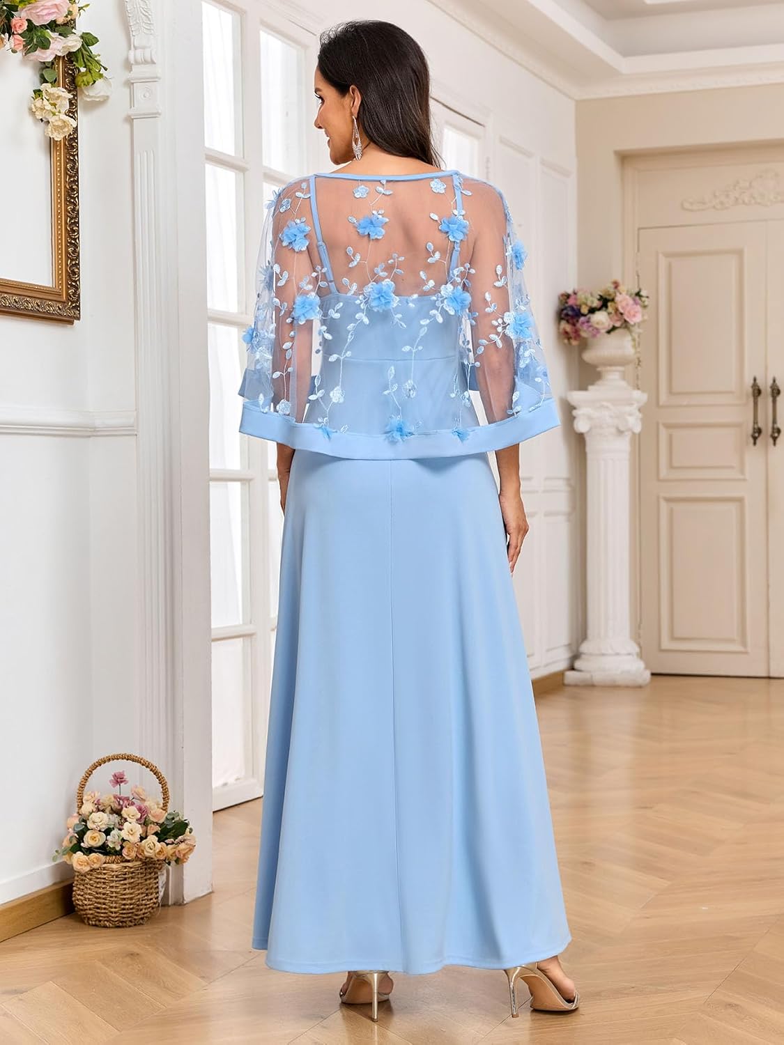 AISWI 2PCS Maternity Dress with 3D Floral Mesh Cape Flowy A-Line Maxi Evening Gown for Baby Shower Photoshoot Formal