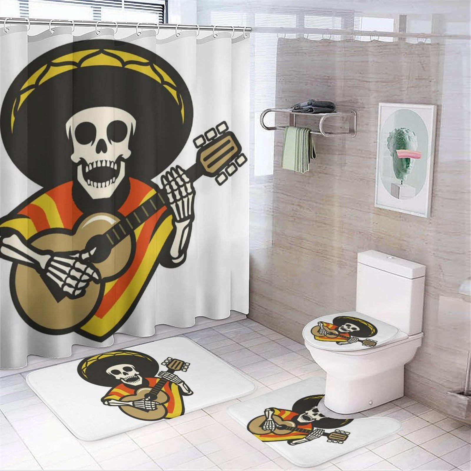 JiuPopular Bathroom Mat Set 4 Piece, Mexican Guitar Skull Shower Curtain with Non-Slip Bath Mats for Bathroom