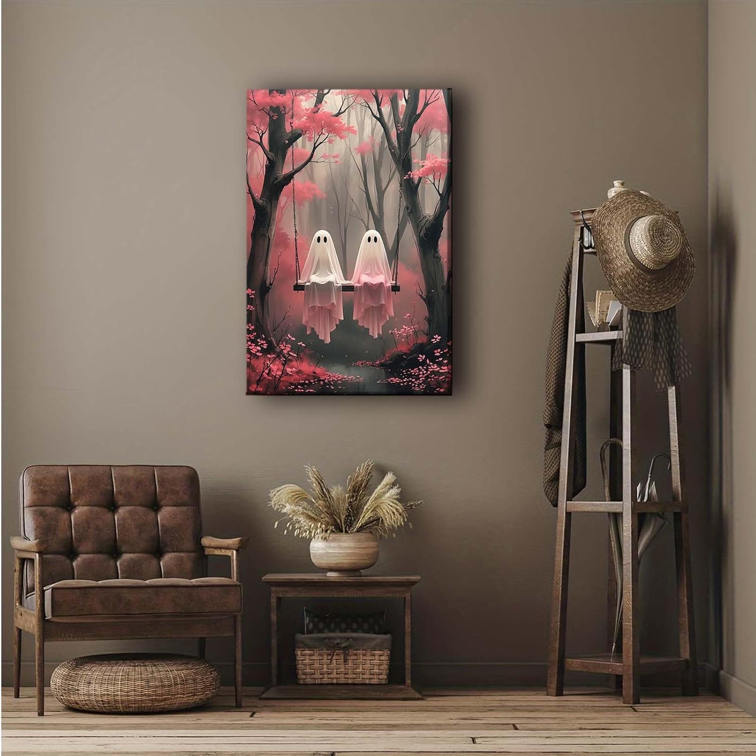 Pink ghost on swing canvas art vintage halloween wall decor cute horror painting print gothic room aesthetic16x24in Frameless - Image 2