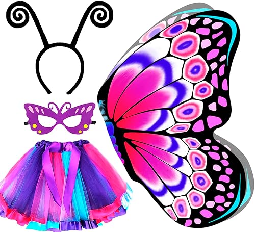 Miniatura 9 de IROLEHOME Disfraces de alas de mariposa para niñas, arco iris, mariposa, ropa de vestir, máscara de antena y tutú, regalos de fiesta