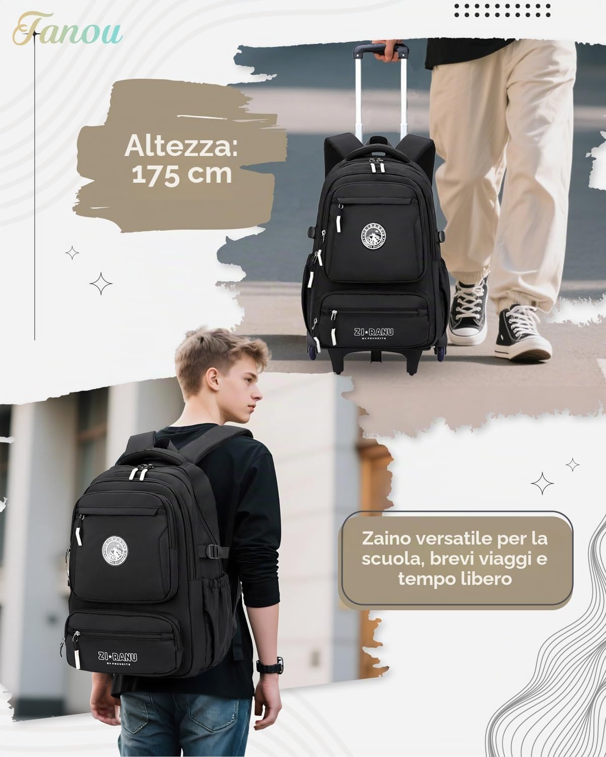 Tanou Zaino Trolley per Ragazzi, Capiente per Scuola Media e Superiore, 30L | Zaini Impermeabile con Ruote, Daypack Casual con Carrello Staccabile per la Scuola e Viaggi, Nero