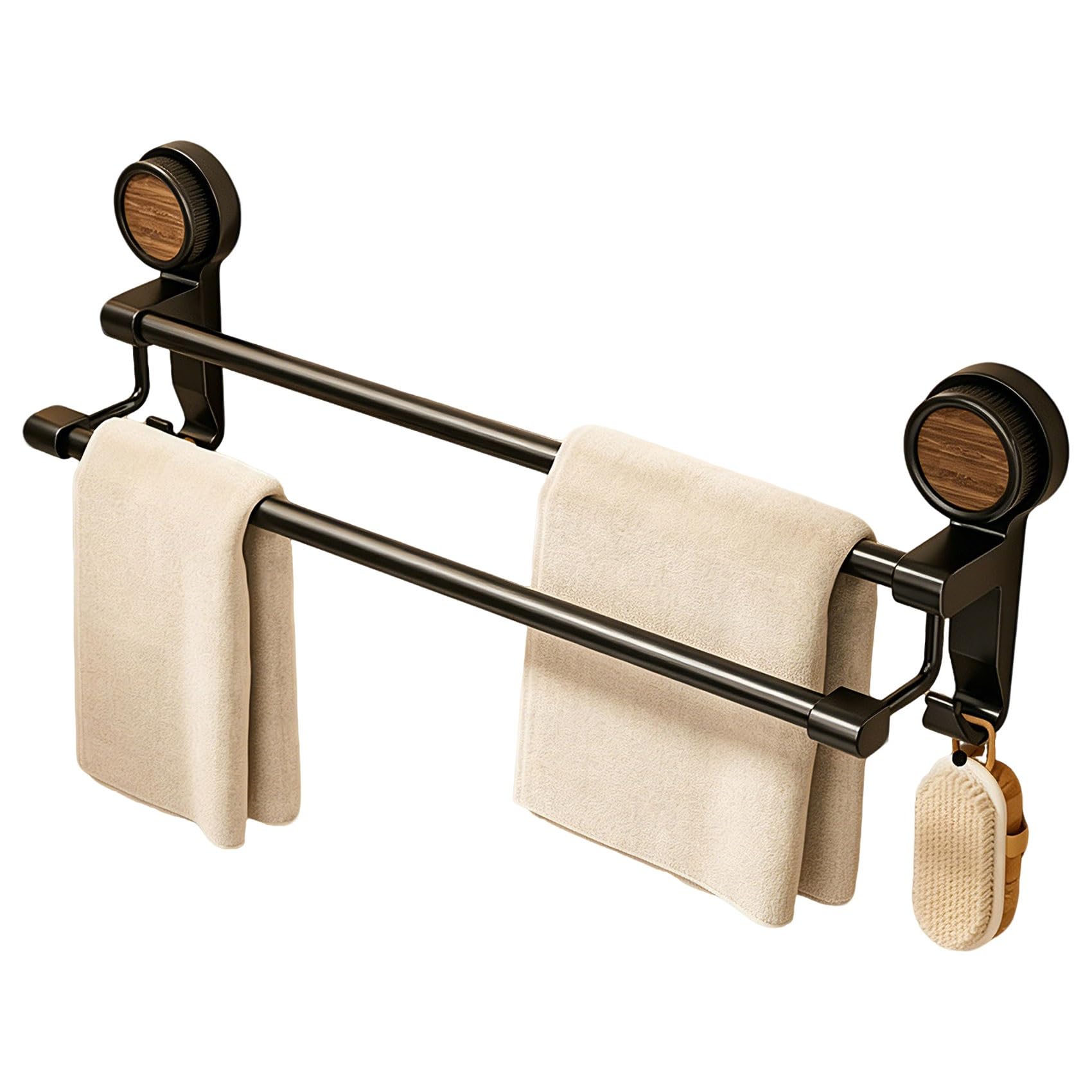 Yavyav One Color Suction Cup Towel Bar No Drill Heavy Duty Double Towel Rack Black Waterproof Rustproof Wall Mounted Rail Hanger Holder For Bathroom Kitchen Shower Glass Door(70Cm/27.6In)