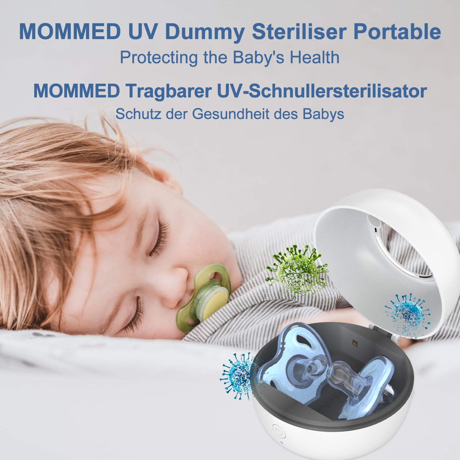 MOMMED Sterilizzatore UV Portatile, Sterilizzatore Portatile per Succhietti, Sterilizzazione al 99,99% in 3 Minuti, Autonomia della Batteria di 270 Minuti, Disinfettante per Succhietti da Viaggio