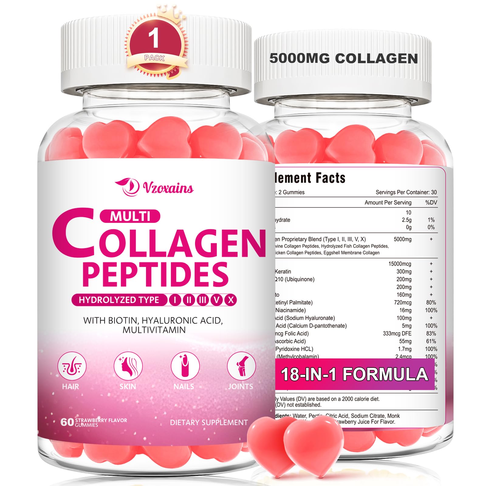 Multi Collagen Peptides Gummies Collagen Gummies for Women Men Type I II III V X Protein with Biotin