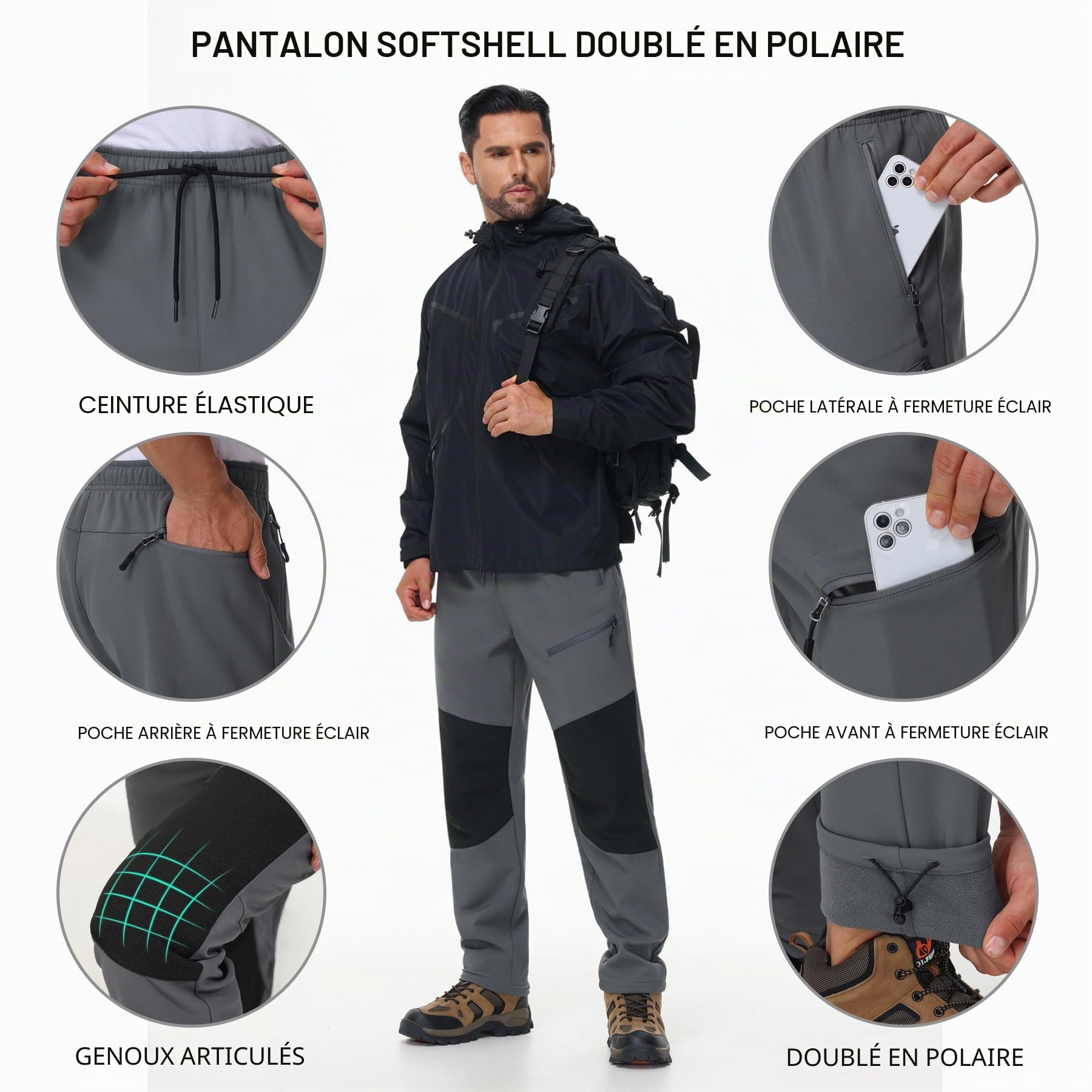 MOCOLY Pantalon Randonnée Chaud Hiver Homme pour Ski Neige Snowboard Chasse | Thermique Taille Elastique Pantalon Softshell Cargo Doublé Polaire Pantalons pour Marche Trekking Travail