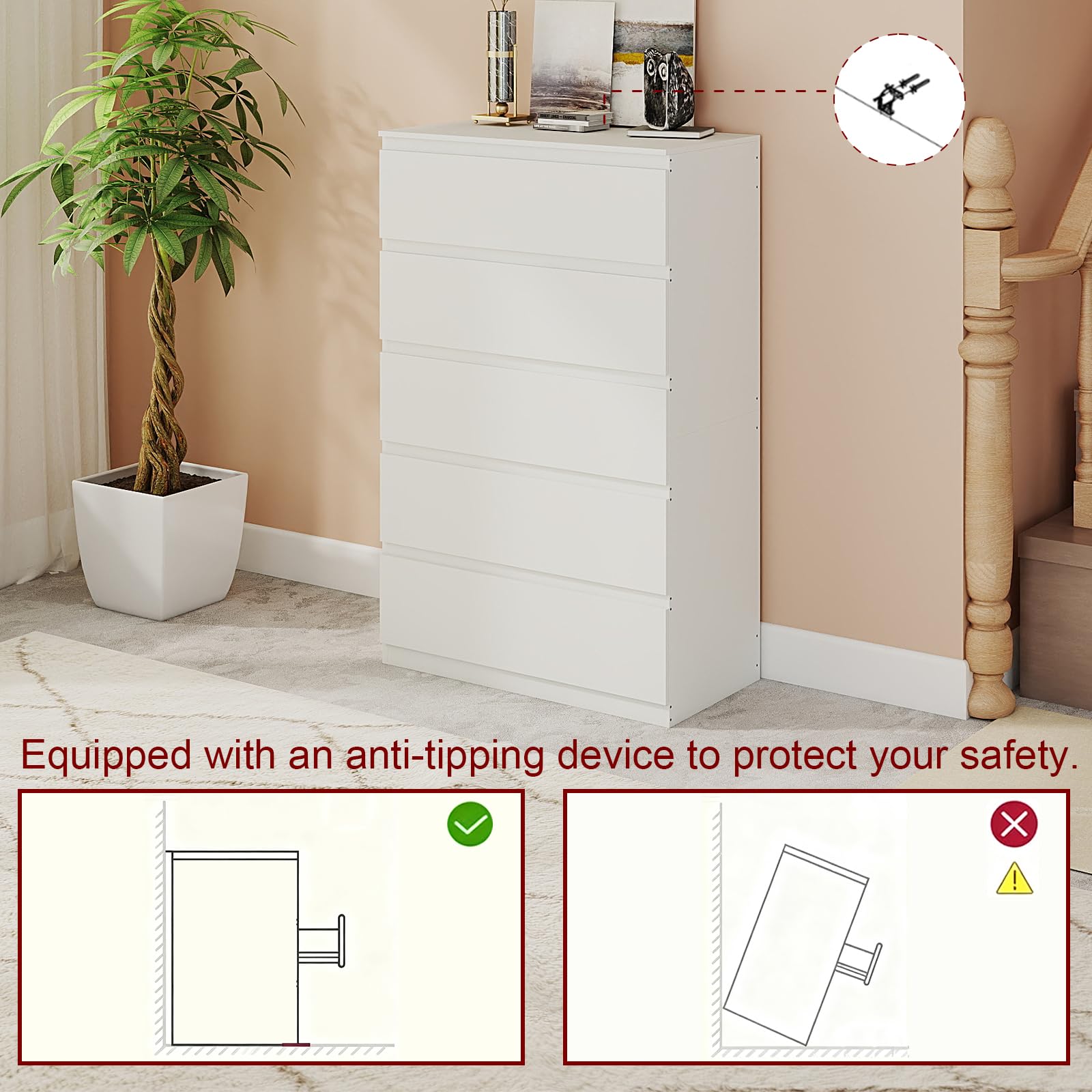 Cajonera con 5 Cajones, Ancho 60 cm, Comoda Dormitorio Blanca, Sinfonier Dormitorio, para Dormitorio, Salón, Oficina y Recibidor, 60x40x121 cm (A x F x A)