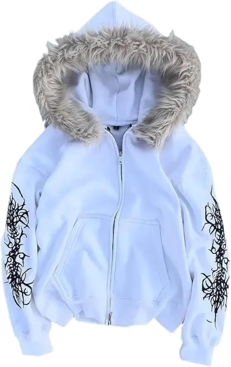 RICHTRUE Grunge Fur Hood Zip Up Hoodie Women Men Y2k Goth Hoodie Emo Jackets Fall Winter Streetwear Sweatshirt 2000s