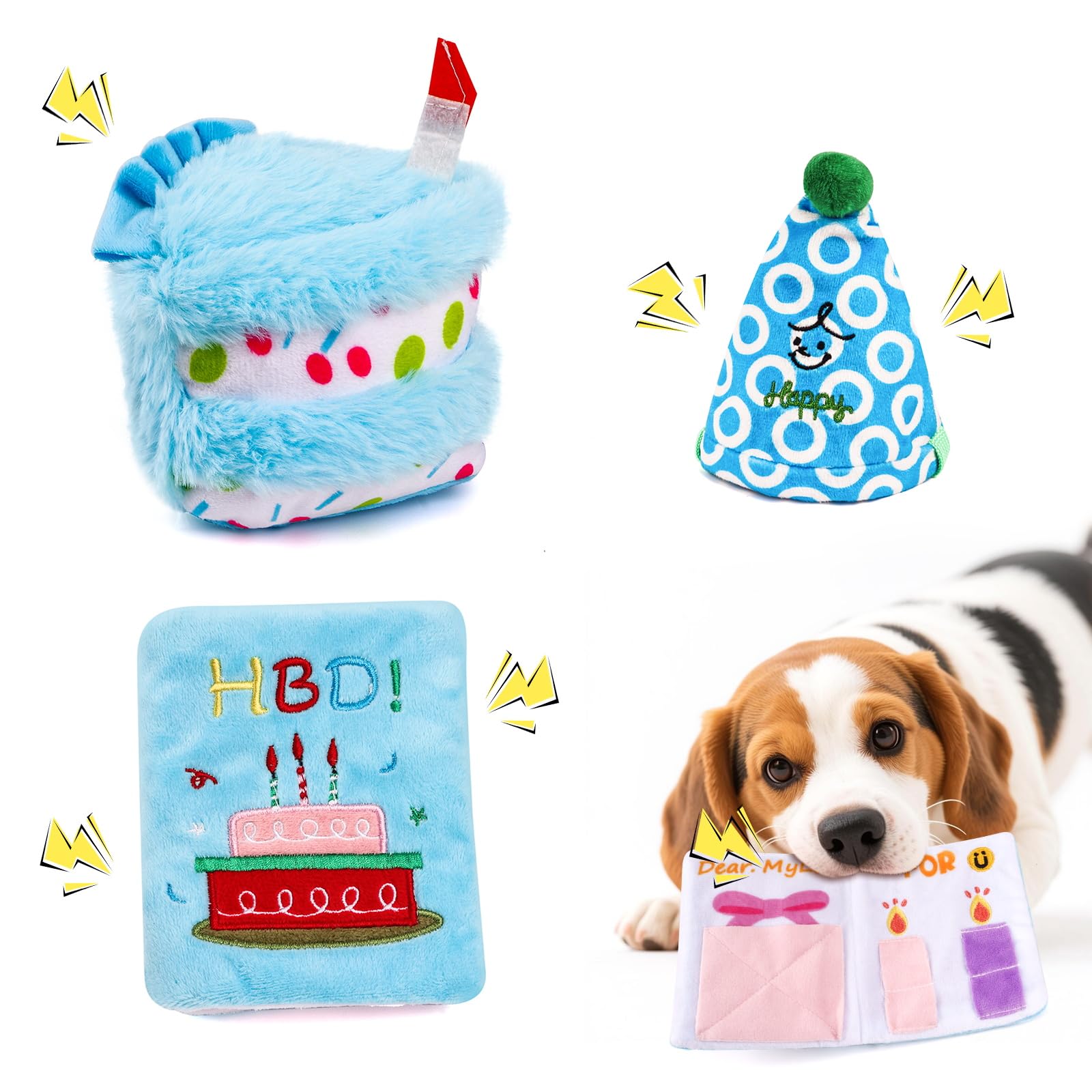 La Desire 3-teiliges Hundespielzeug-Set aus Plüsch, quietschendes Spielzeug mit Geburtstagskuchen und Hut, Schnüffel-Verstecken und Grußkarte für Feiern (blau)