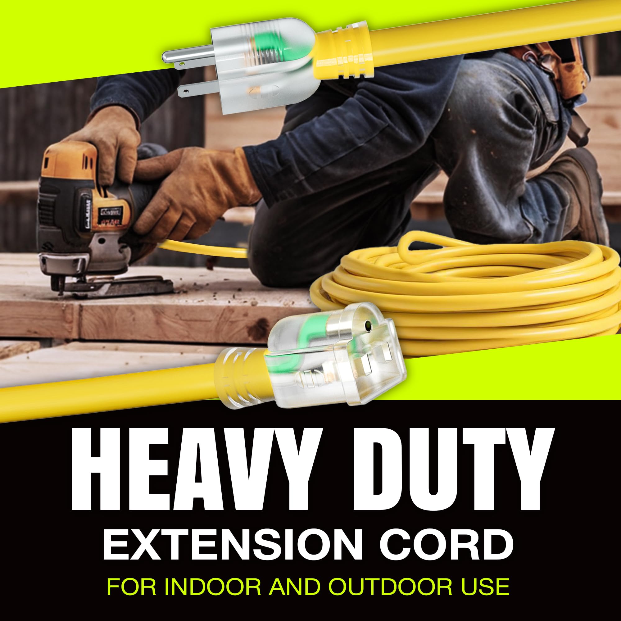 LifeSupplyUSA Cable de extensión para Interiores y Exteriores, Calibre 10/3, Muy Robusto, 3 Clavijas SJTW, Impermeable, Flexible y Resistente al frío, 125 voltios, 1875 W, Amarillo