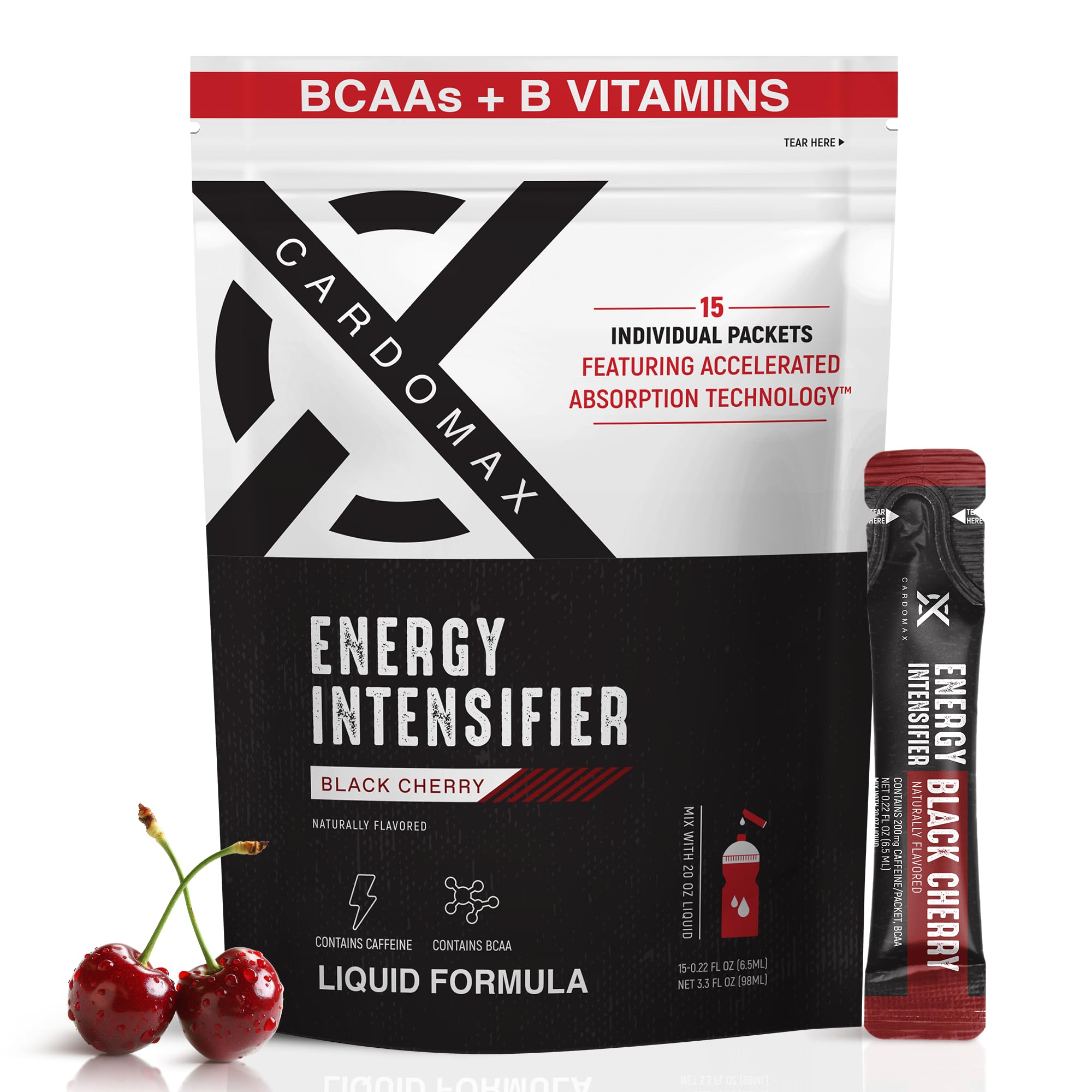 CardoMax - Energy Drink Packets - Liquid Preworkout for Men & Women Caffeine Packets with BCAA, Vitamin B12, Vitamin B6 & B3 - Sugar-Free, Zero Calorie, Vegan & Keto - 15 Stick Packs - Black Cherry