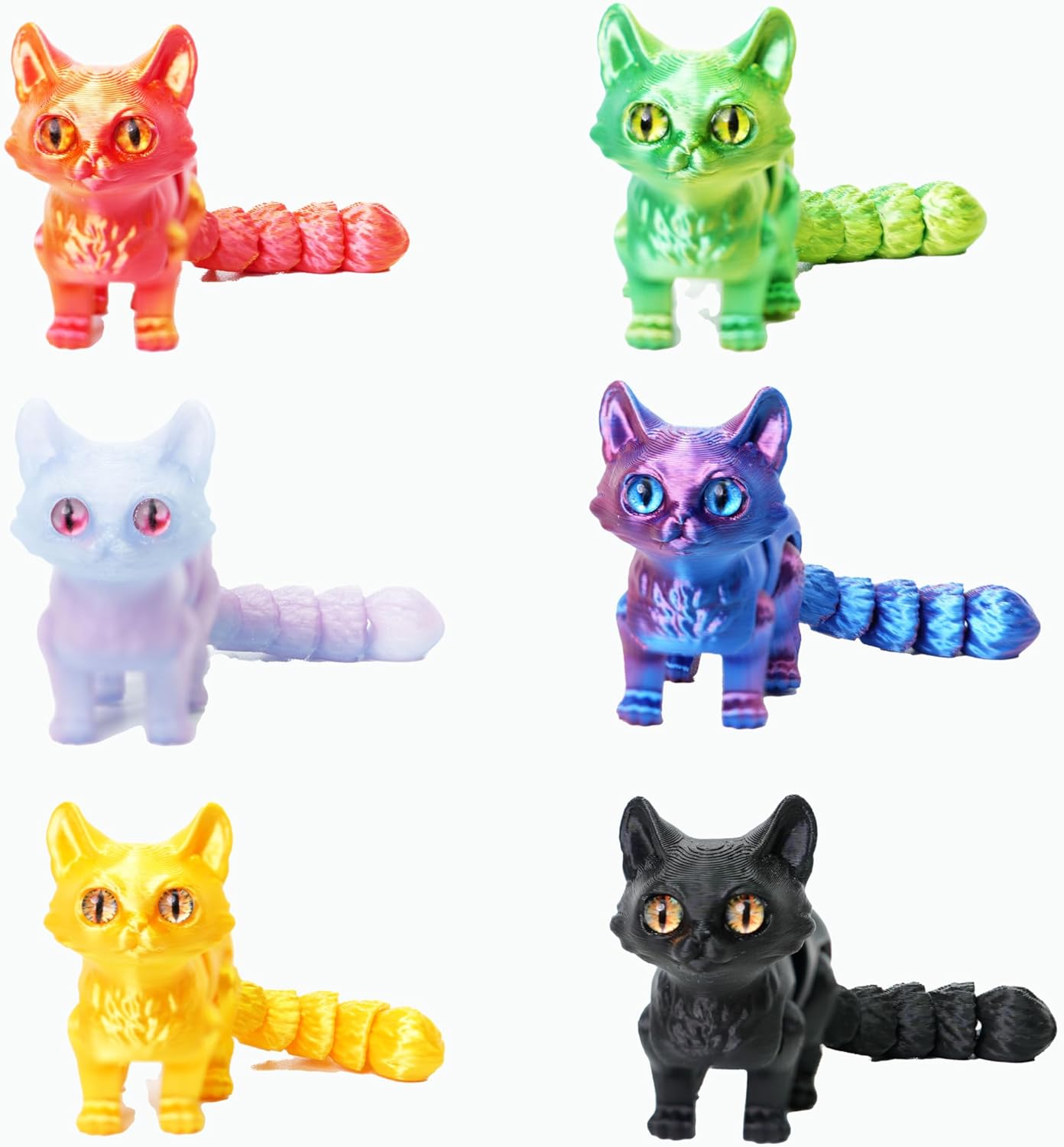 6 Pack Colorful 3D Printed Cat, Fidget 3D Printed Toy Set, Stress Relief 3D Printed Animal Decor for Adults Kids, Perfect Desk Pets for Kids Classroom