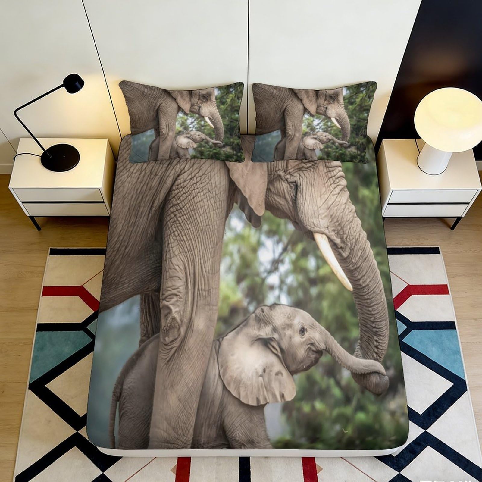 3D Printed Elephant Design Fitted Sheet Microfiber Deep Pocket Elastic Bedroom Bedding Elephant Mattress Fitted Cover Washable Full Wrap Protection 200x200x25cm 90x200x25cm