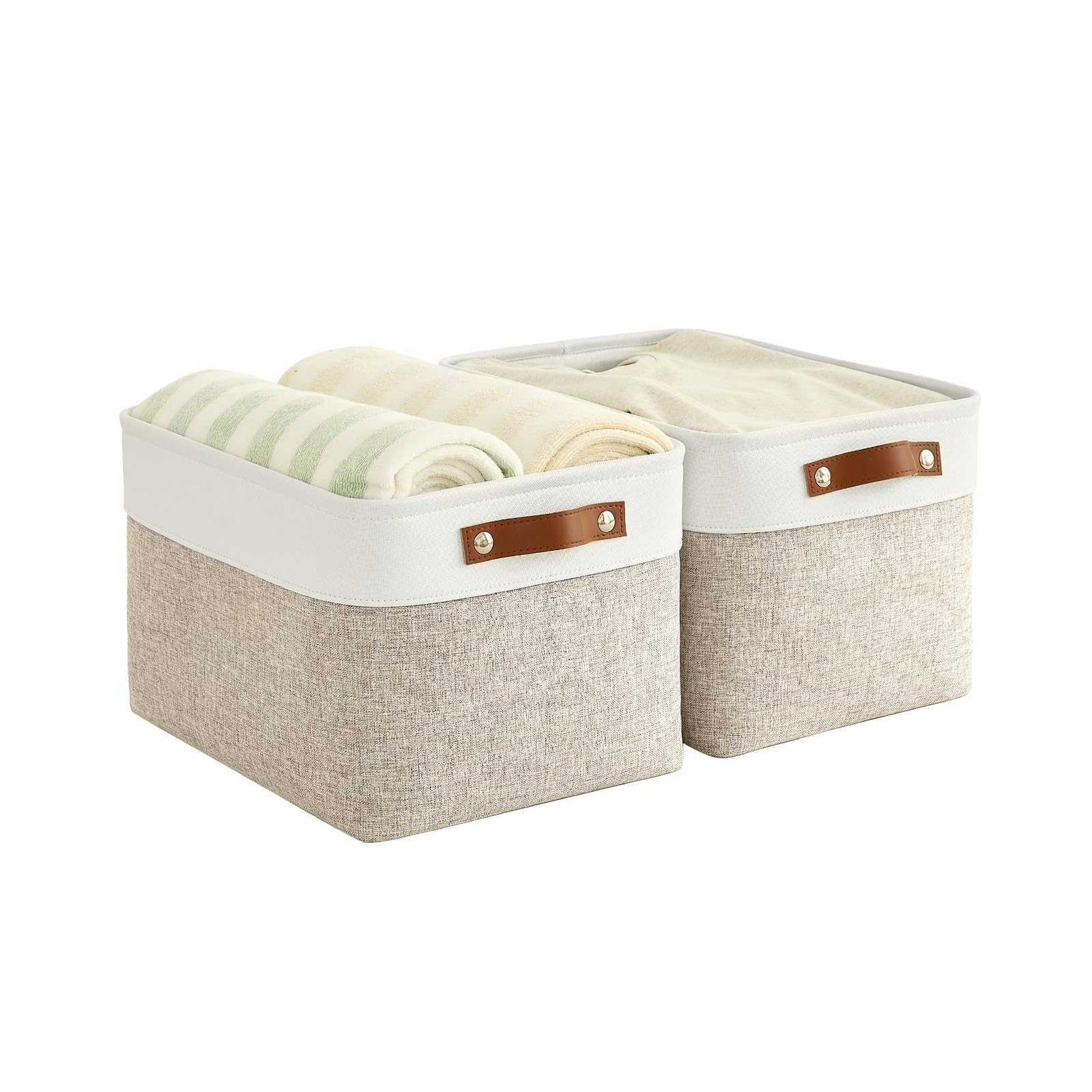 Bagnizer Foldable Storage Baskets for Shelves Closet 2PCS Fabric Small Organizer Box Bins with Handles Waterproof Canvas Box for Clothes, Pet Toys, Office Products 30x20x15CM Beige & White