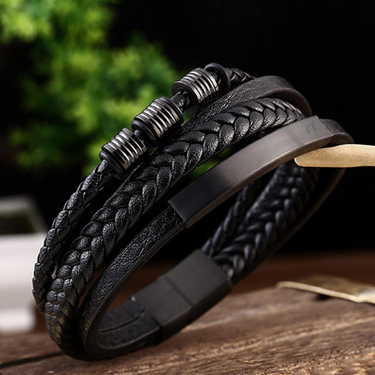 Genuine Leather Bracelet for Men Stainless Steel Charm Magnetic Clasp Classic Multi-layer Mens Bracelet Gift for men Length 8.26 inch