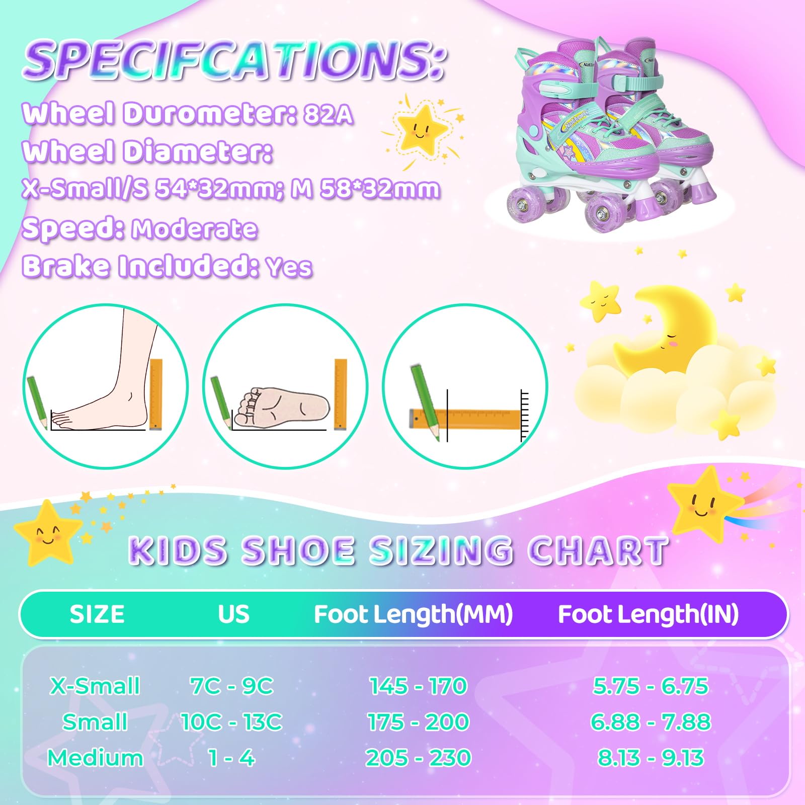 Nattork Girls Roller Skates for Kids, 4 Size Adjustable Rainbow Quad Skates with All Light Up Wheels - Best Birthday Gift for Outdoor Sports