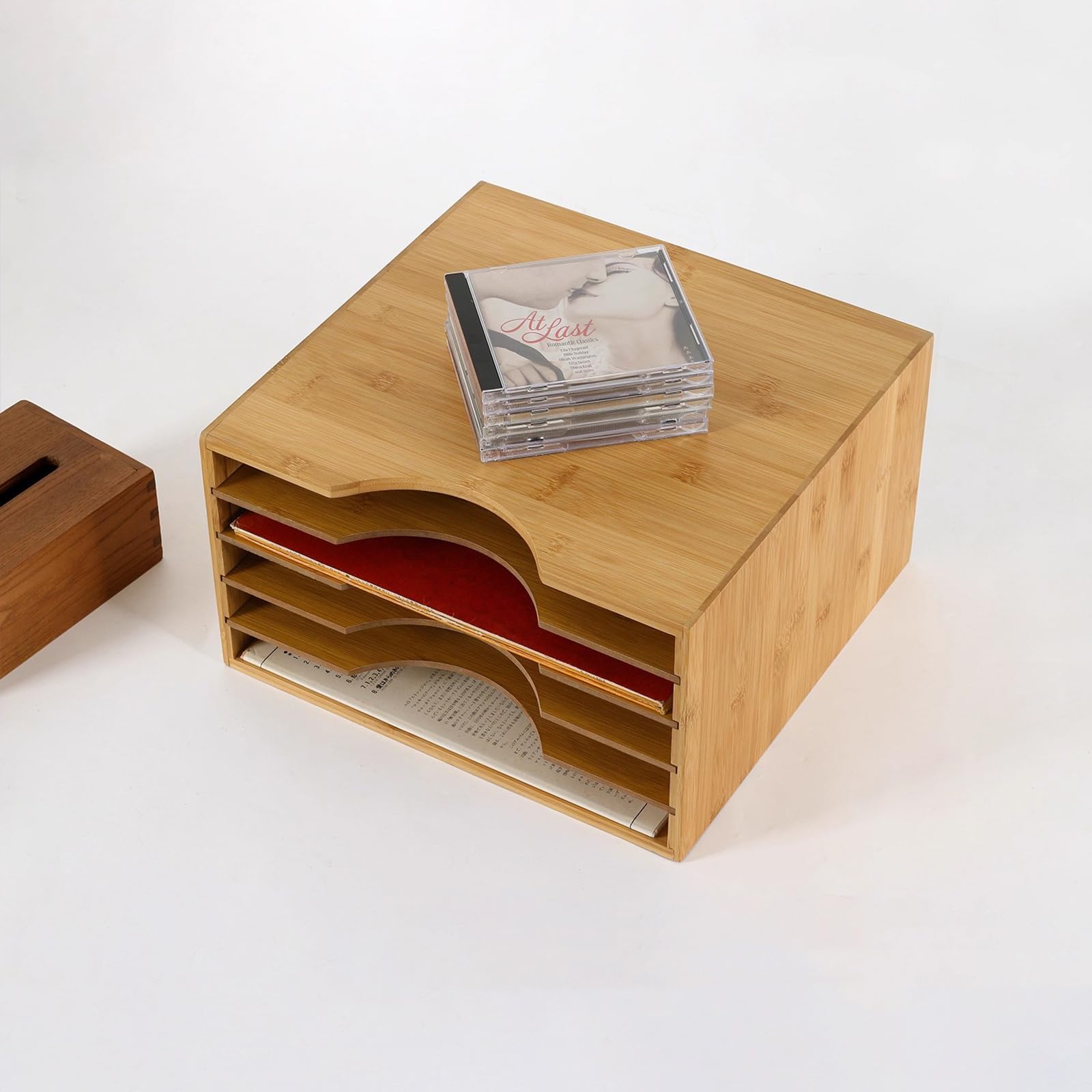 Supporto per dischi in vinile, espositore in bambù con 5 scomparti per album, riviste, libri e file, organizer a doppio scopo