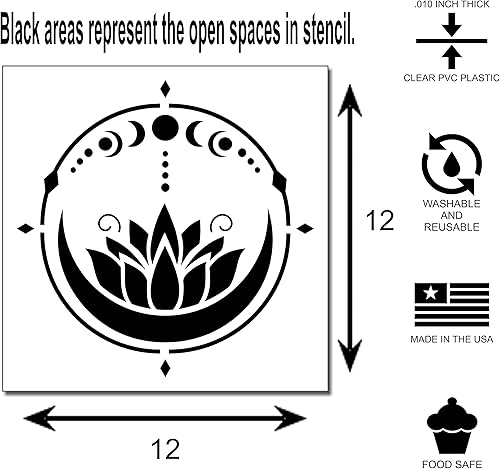 Miniatura 2 de Plantilla decorativa de flor de loto en la luna con fases de la luna, plantilla de plantilla Zen Yoga Meditación (grande de 12 x 12 pulgadas,