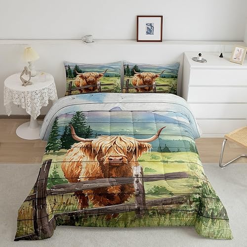 Castle Fairy Juego de edredón de vaca de las tierras altas de granja, tamaño King, ropa de cama rústica de acuarela verde para todas las estaciones,