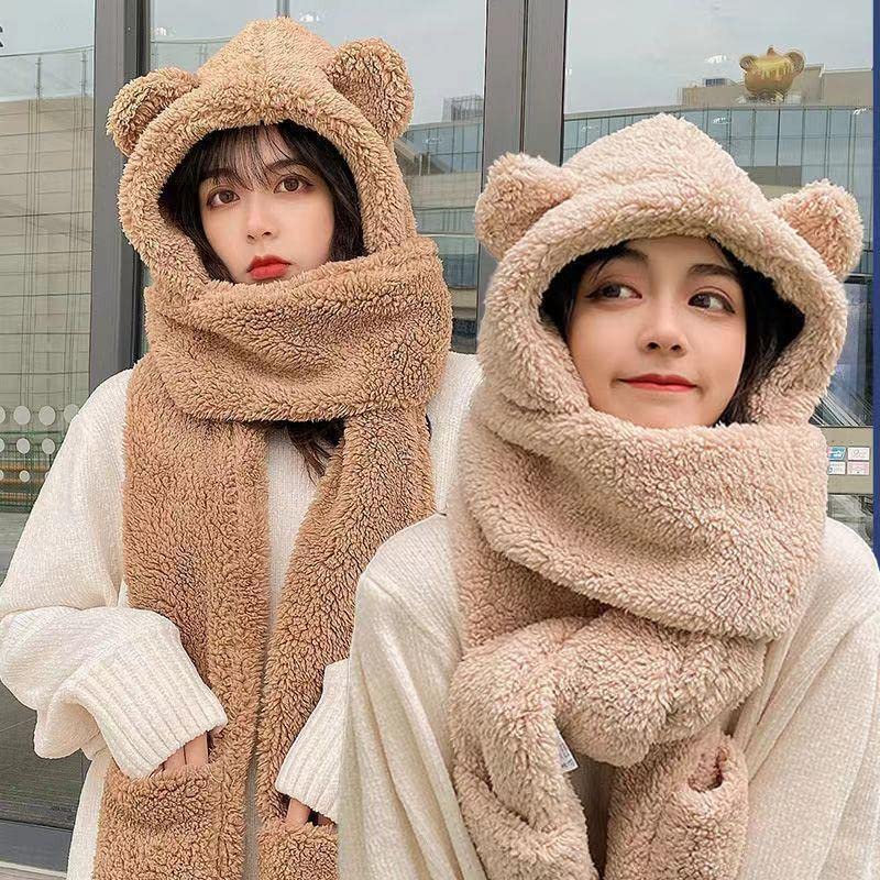 Women Girls 3-in-1 Bear Hooded Scarf Warm Plush Mitten Scarf Set Furry Animal Ear Hat Thick Long Scarf with Pocket Gloves3