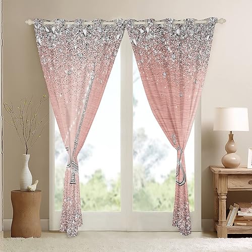 Miniatura 5 de Cortinas femeninas de la Torre Eiffel de 42 x 84 pulgadas, cortinas opacas con purpurina para mujer, cortinas románticas de diamante degradado rosa