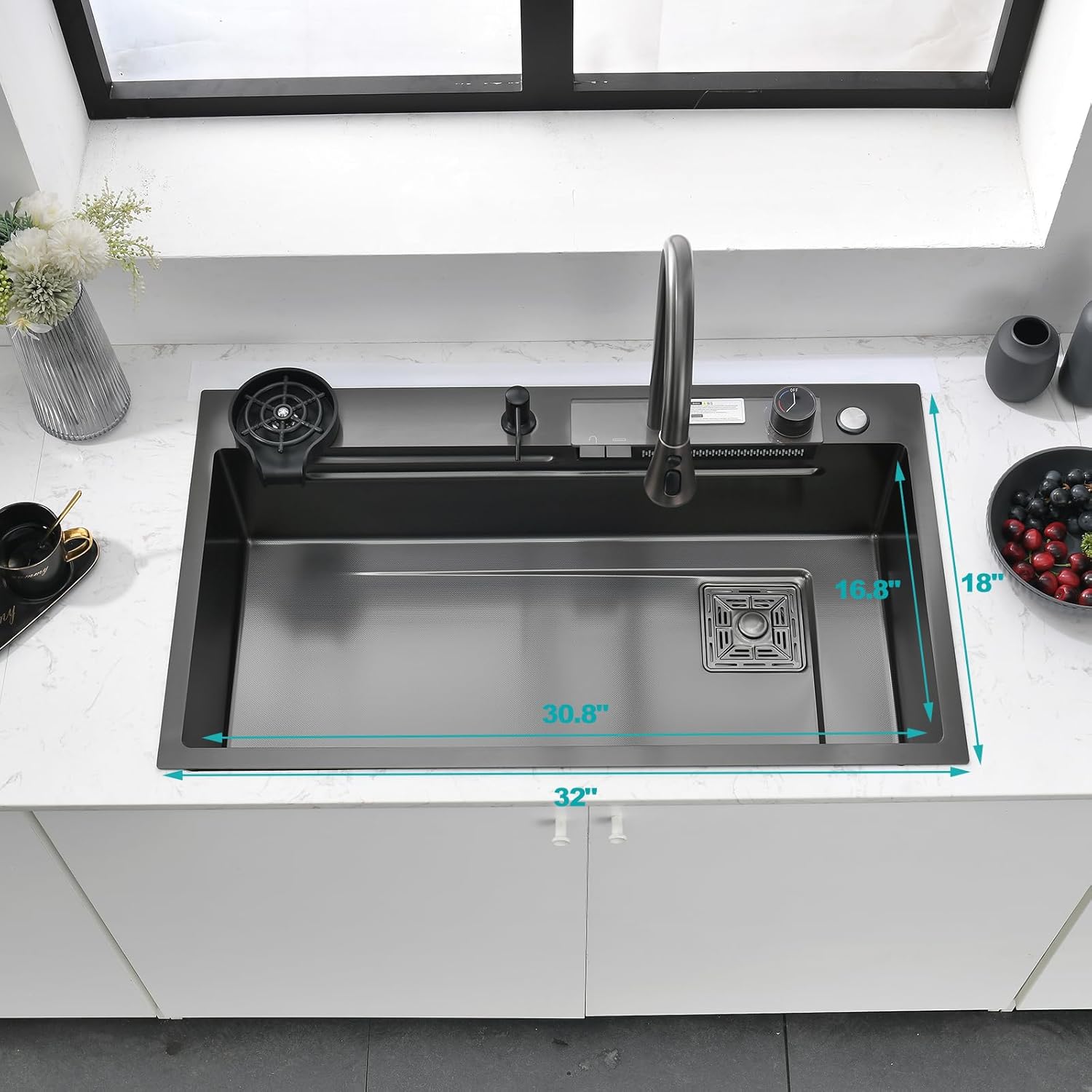 Waterfall Kitchen Sink 32 Inch Drop-in Single Bowl Stainless Steel Multifunctional Kitchen Sink with 2-in-1 Faucet and Accessories (32"x18")