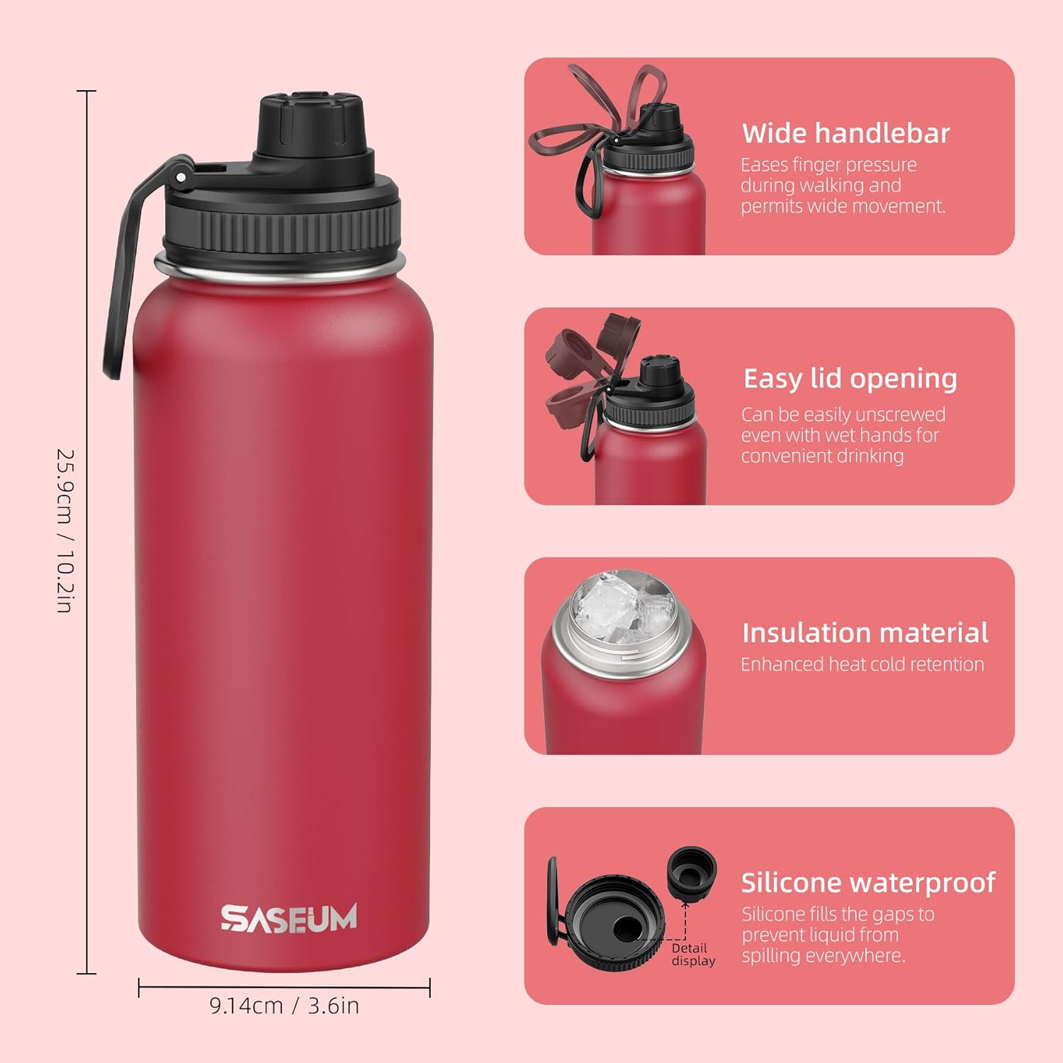 SASEUM Sport Water Bottle 32oz Stainless Steel Double Wall Vacuum Thermal Mug with Leak Proof Spout Lids, Wide Mouth Metal Insulated Water Jug for Gym and Travel(Red) - Image 2