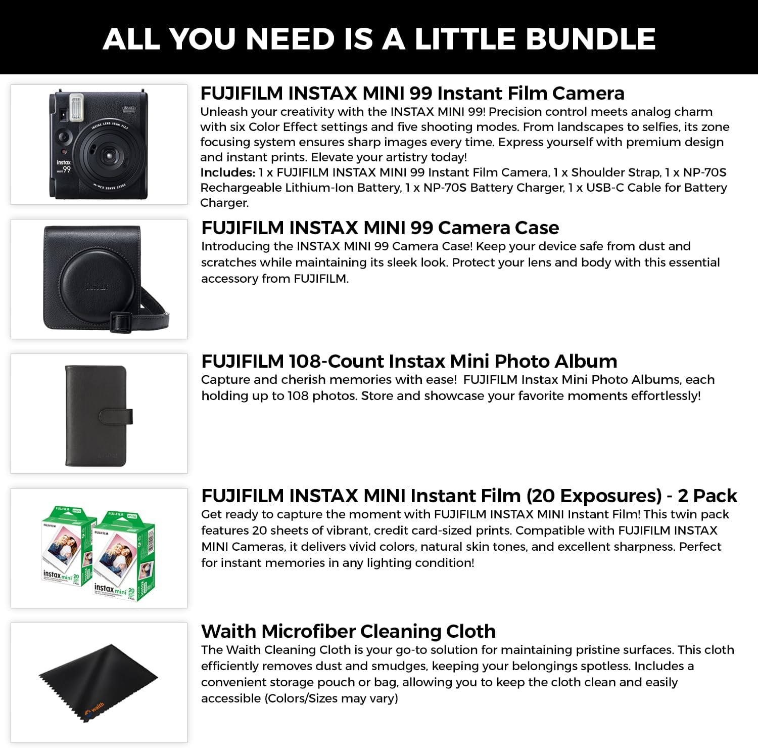 Fujifilm Instax Mini 99 Instant Film Camera with Instax Mini 99 Camera Case, Photo Album (108 Count) 2 Pack of Instant Film 40 Sheets Total Essential Bundle Set image 2 of 6 B0D6472FVP