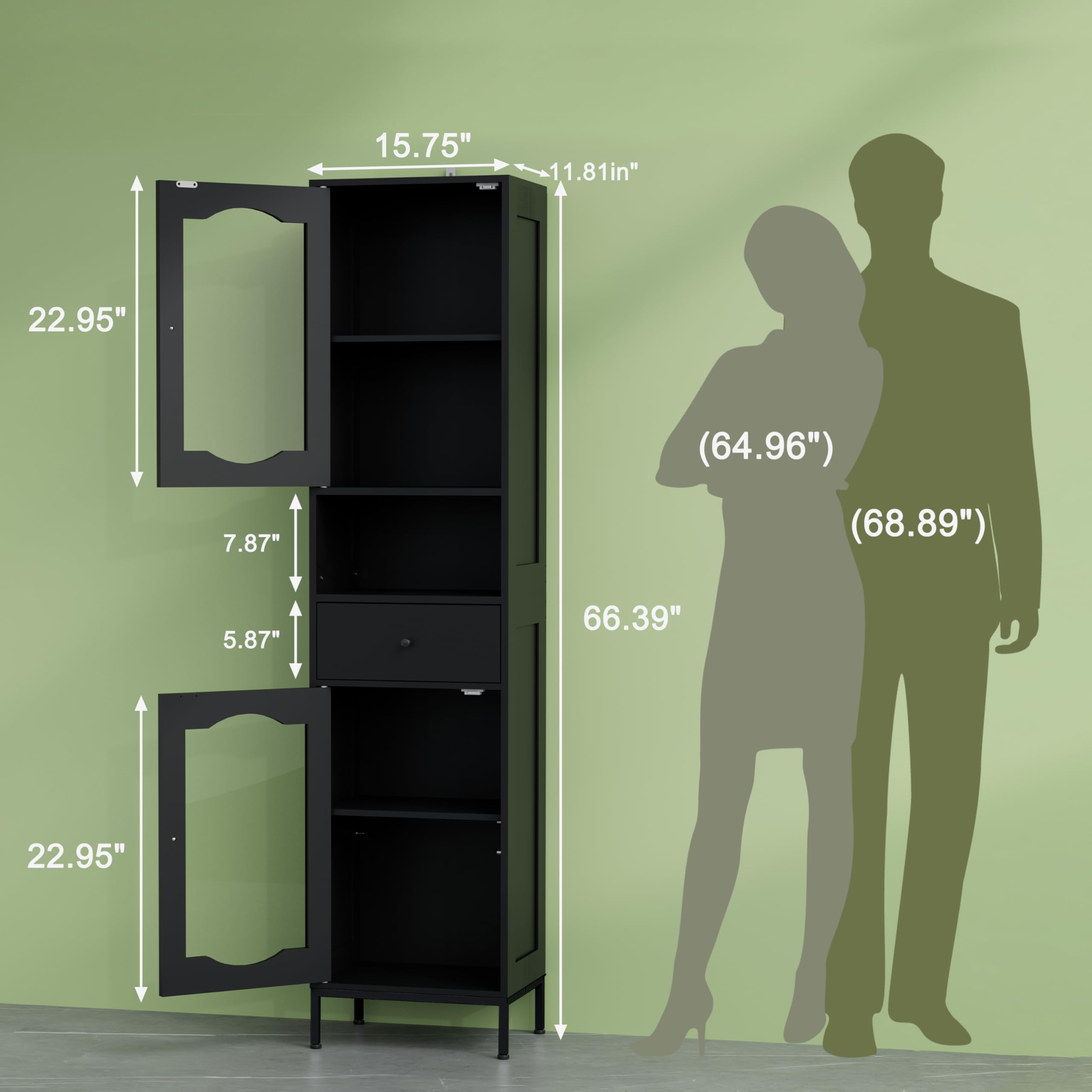 Badezimmerschrank Schmal mit 2 Acryltüren & Schublade, 170cm Badschrank Hochschrank für Badezimmer, 5 Fächern & Verstellbare Ablagen, 30 x 40 x 170 cm, Schwarz