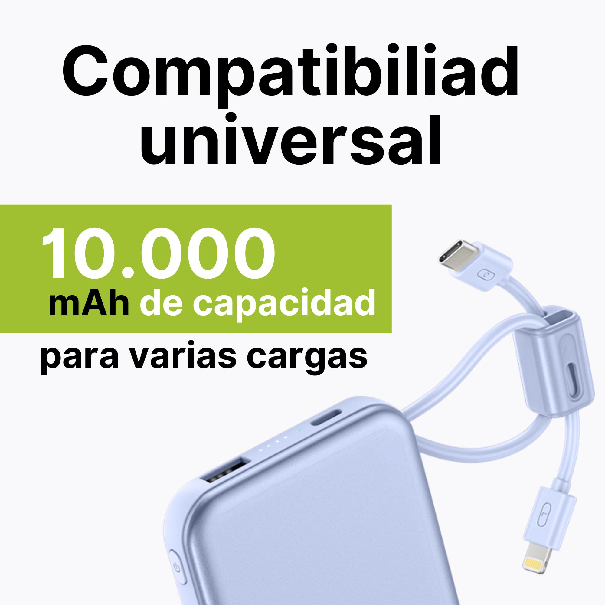 batería Externa portátil de 10000 mAh con Cables Integrados USB-C y Lightning, Carga Rápida, Indicador LED, 4 Combinaciones de Carga, Compatible con iPhone, Android (Lila)
